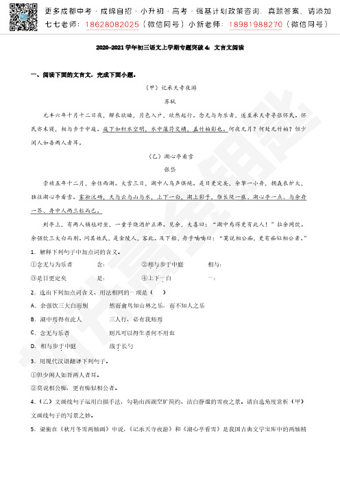 2020-2021学年初三语文上学期专题突破4：文言文阅读