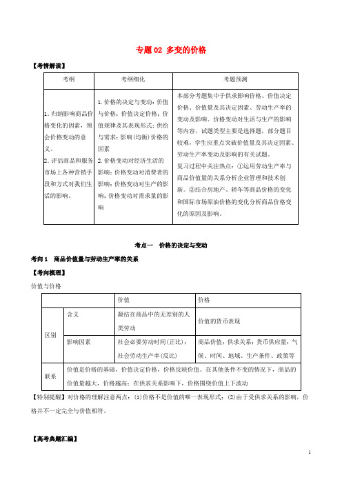 2019年高考政治题典专题02多变的价格(含解析)