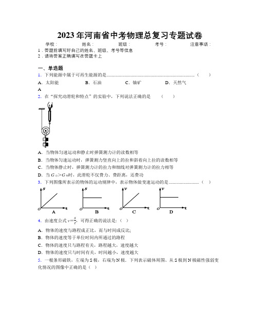 2023年河南省中考物理总复习专题试卷附解析