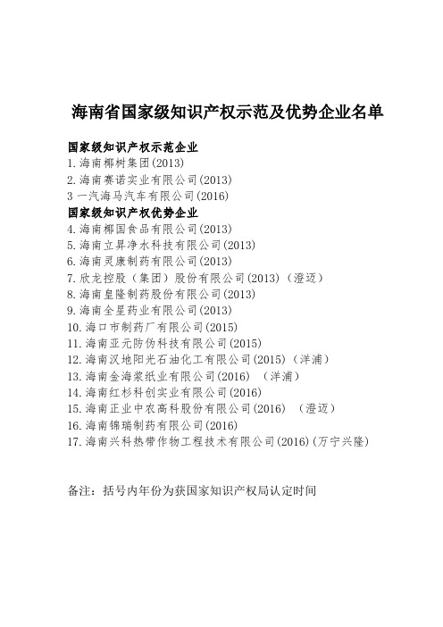 海南省国家级知识产权示范及优势企业名单