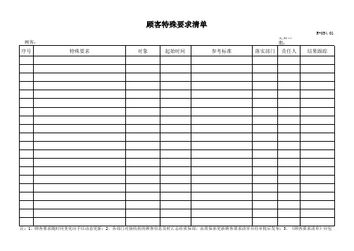 顾客特殊要求清单