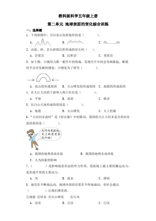 教科版五年级上册科学第二单元《地球表面的变化》综合训练1(含答案)