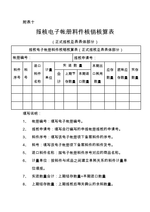 报核电子帐册料件核销核算表