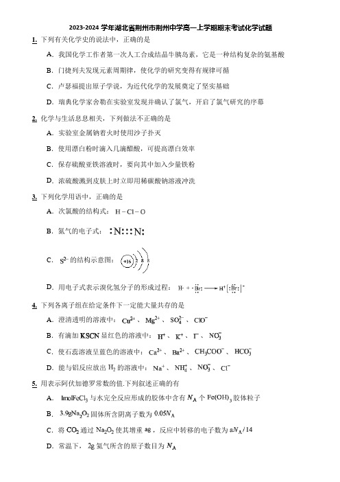 2023-2024学年湖北省荆州市荆州中学高一上学期期末考试化学试题