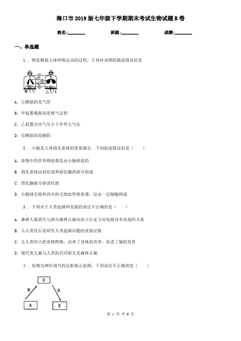 海口市2019版七年级下学期期末考试生物试题B卷