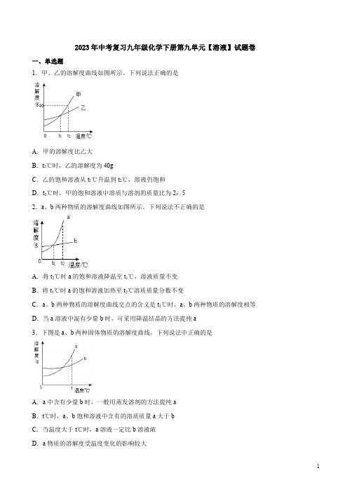 2023年中考复习人教版九年级化学下册第九单元【溶液】试题卷附答案