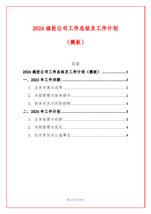 2024城投公司工作总结及工作计划(模板)