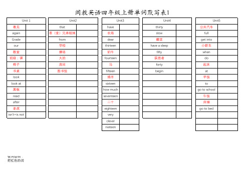 闽教英语四年级上册单词默写表