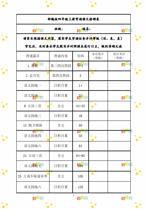 (部编版四年级上册背诵课文检测表)