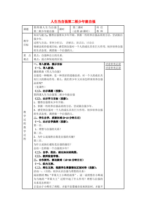 七年级政治下册第四课第2框少年能自强教案新人教版