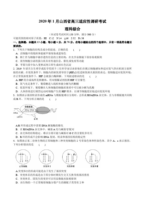 山西省2020届高三适应性调研考试理科综合试题及答案