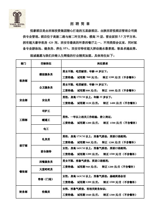 悦豪酒店招聘简章