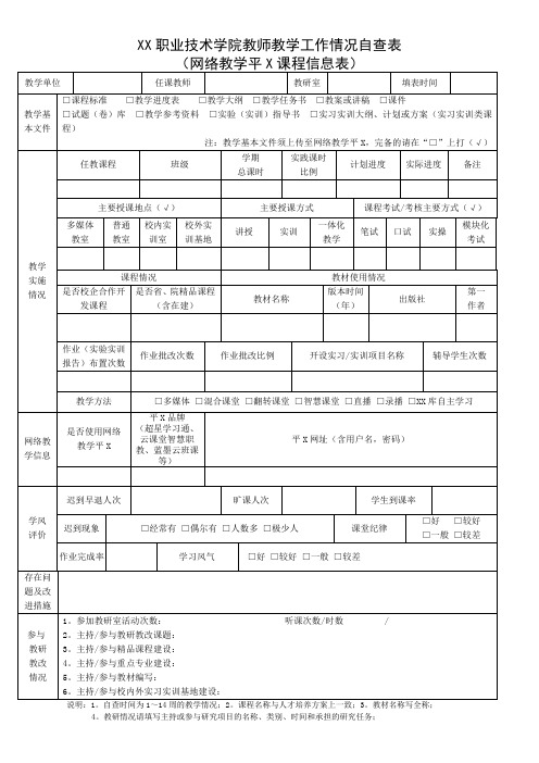 职业技术学院教师教学工作情况自查表(网络教学平台课程信息表)