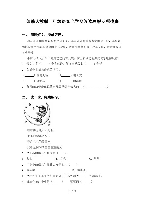 部编人教版一年级语文上学期阅读理解专项摸底