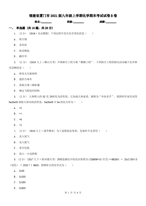 福建省厦门市2021版九年级上学期化学期末考试试卷B卷(练习)