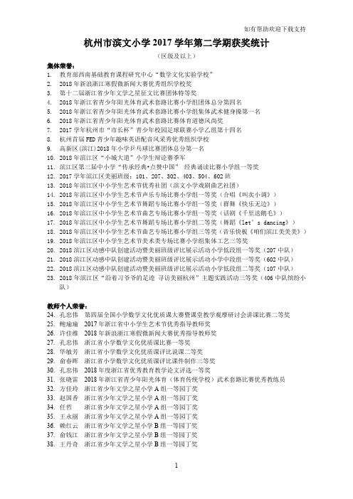 杭州滨文小学2019学年第二学期获奖统计