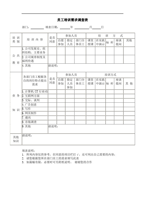 员工培训需求调查表(办公文书模板)