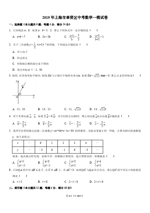 2019年上海市奉贤区中考数学一模考试卷含逐题详解