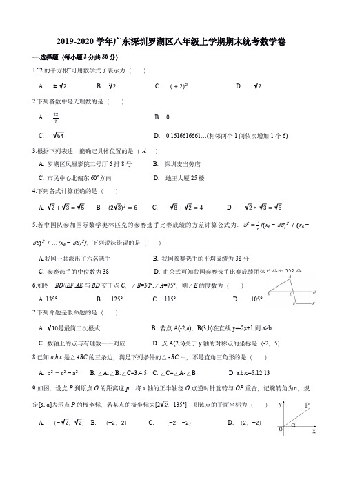 广东深圳罗湖区2019--2020学年八年级(上)期末统考数学试卷(含答案)