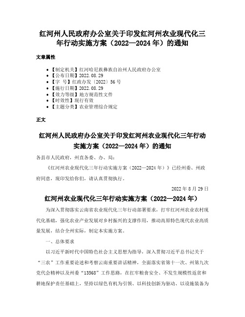 红河州人民政府办公室关于印发红河州农业现代化三年行动实施方案（2022—2024年）的通知