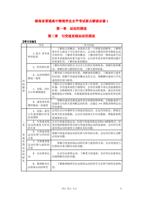 湖南省普通高中高中物理 学业水平考试要点解读与检测：第1-2章 运动的描述 匀变速直线运动的描述 必修1