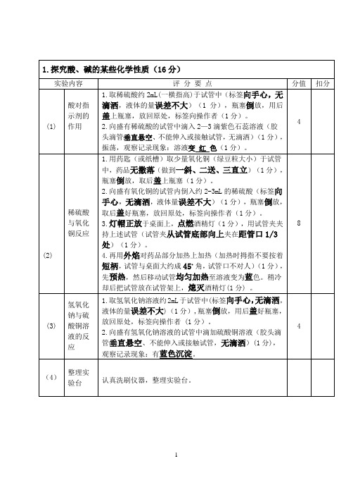 九年级化学实验评分细则