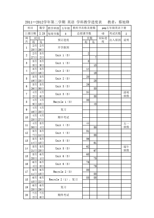 2011-2012五年级下册英语教学进度计划