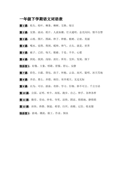 沪教版一年级下学期语文词语表