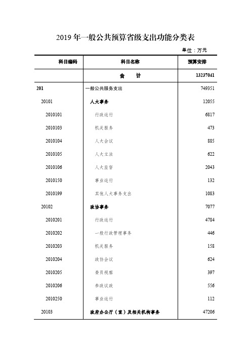 2019年一般公共预算省级支出功能分类表