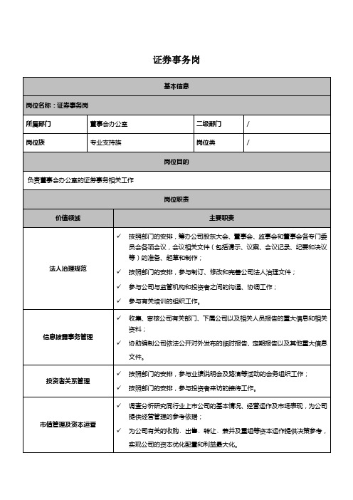 董事会办公室证券事务岗岗位说明书