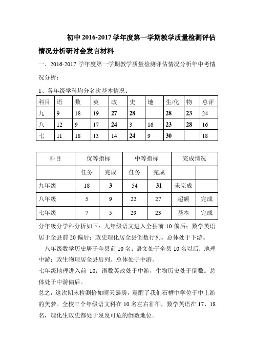 2016-2017学年度第一学期教学质量检测评估情况分析年中考质量研讨会发言材料