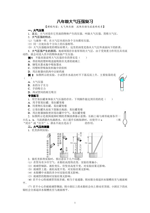 专题复习大气体压强 流体压强与流速的关系——2021-2022学年华东师大版科八年级上学期科学