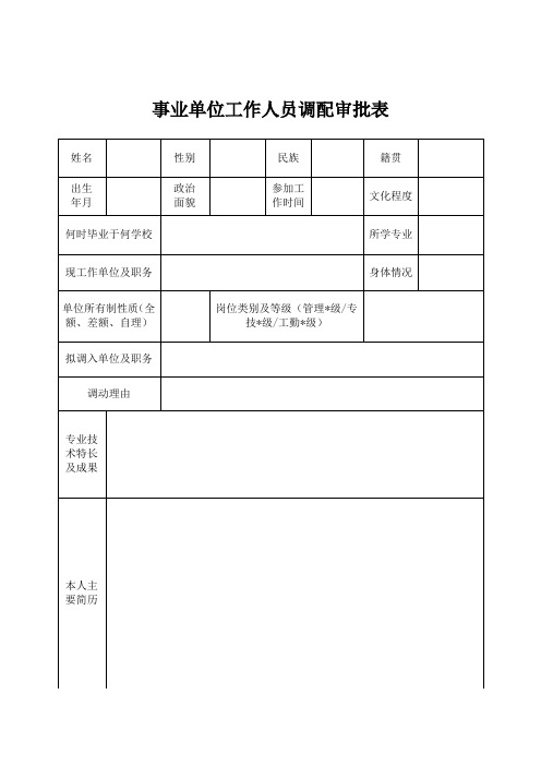 事业单位工作人员调配审批表