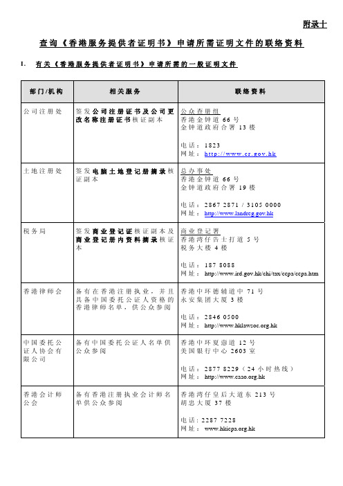 附录十查询《香港服务提供者证明书》申请所需证明文件的联络资料