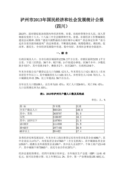 泸州市2013年国民经济和社会发展统计公报