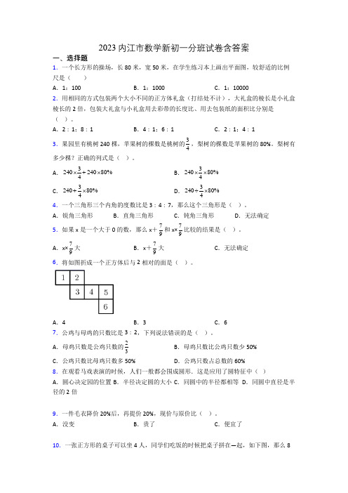 2023内江市数学新初一分班试卷含答案