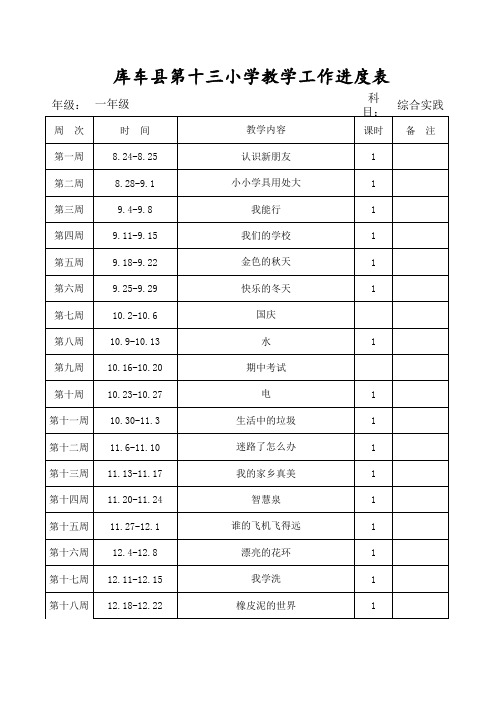 一年级上册综合实践活动  教学进度表