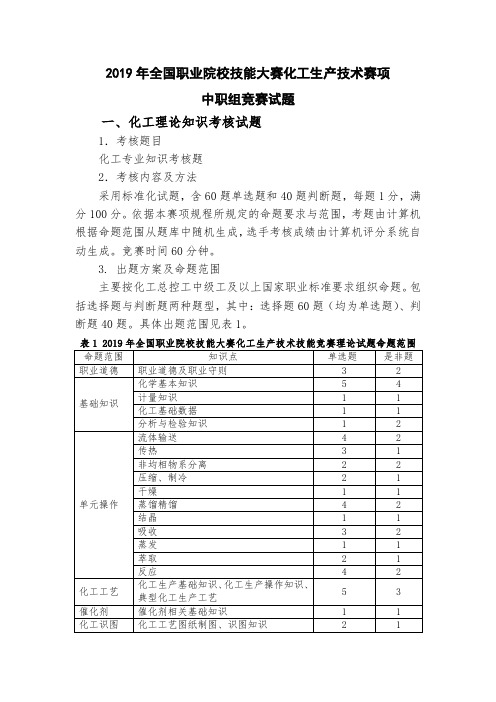 2019年全国职业院校技能大赛中职组 “化工生产技术”项目真题技能试题比赛任务书