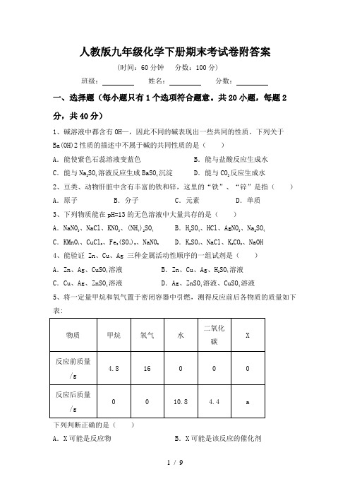 人教版九年级化学下册期末考试卷附答案