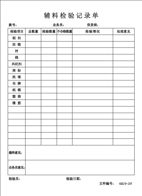 服装厂辅料面料检验记录表单模板