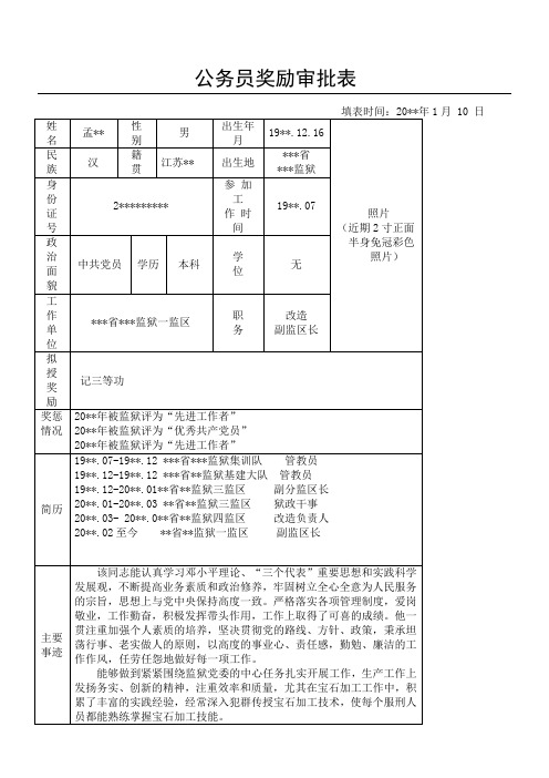 公务员奖励审批表(模板)