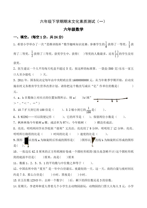 六年级数学下册期末测试卷综合