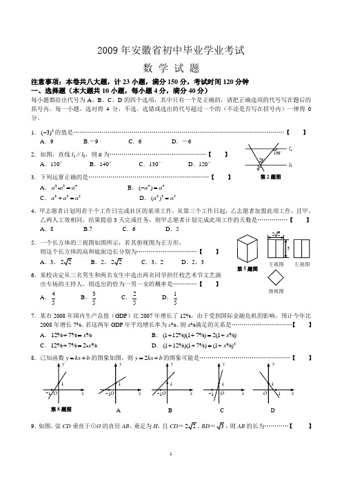 2009年安徽(全省及芜湖市)中考数学试题及参考答案(word版,有答案及评分标准)