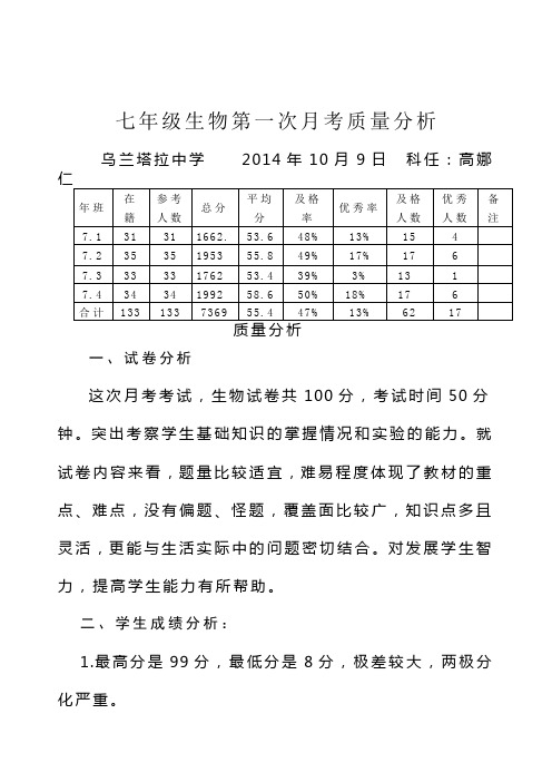 七年级生物第一次月考质量分析