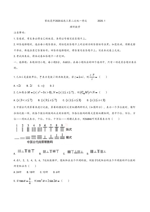 四川省攀枝花市2020届高三第二次统一考试理数试题及参考答案