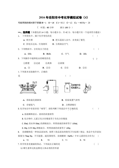 2017年岳阳市中考化学试卷