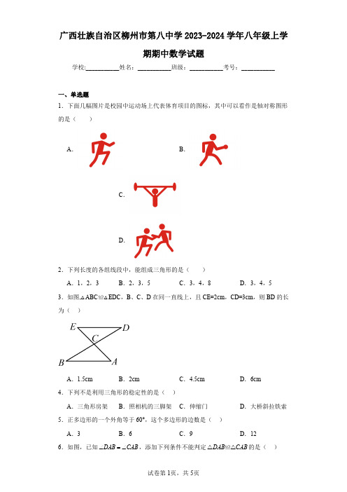 广西壮族自治区柳州市第八中学2023-2024学年八年级上学期期中数学试题