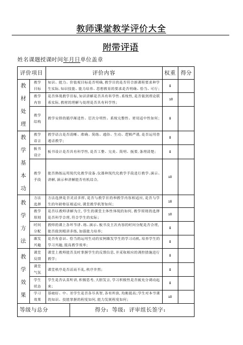 教师课堂教学评价大全附带评语