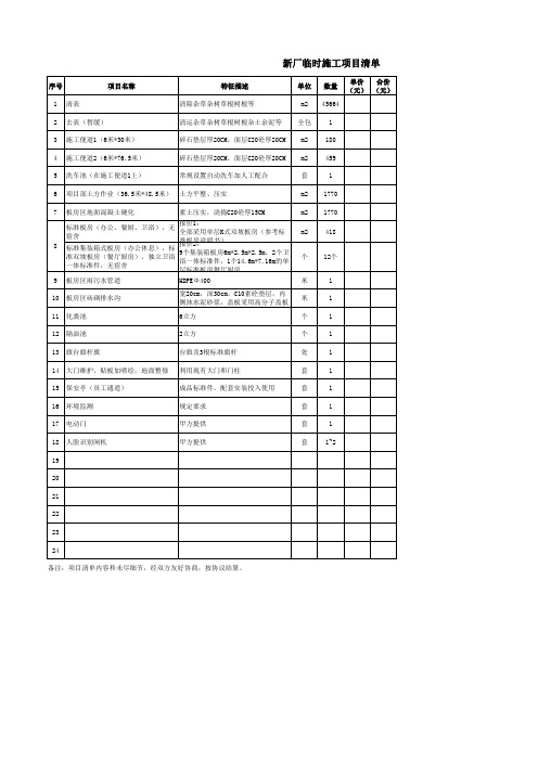 新厂临时施工项目清单