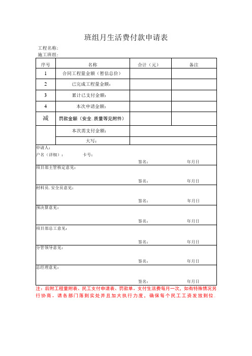 班组月生活费付款申请表